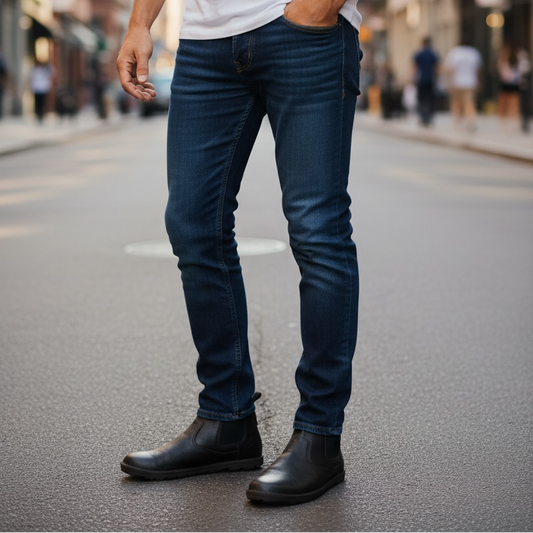 man wearing barefoot chelsea boots in street