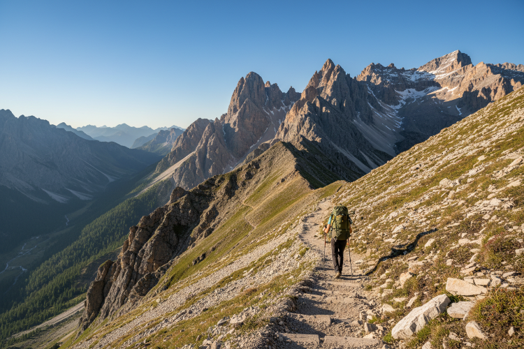 hiker walking up a mountain trail